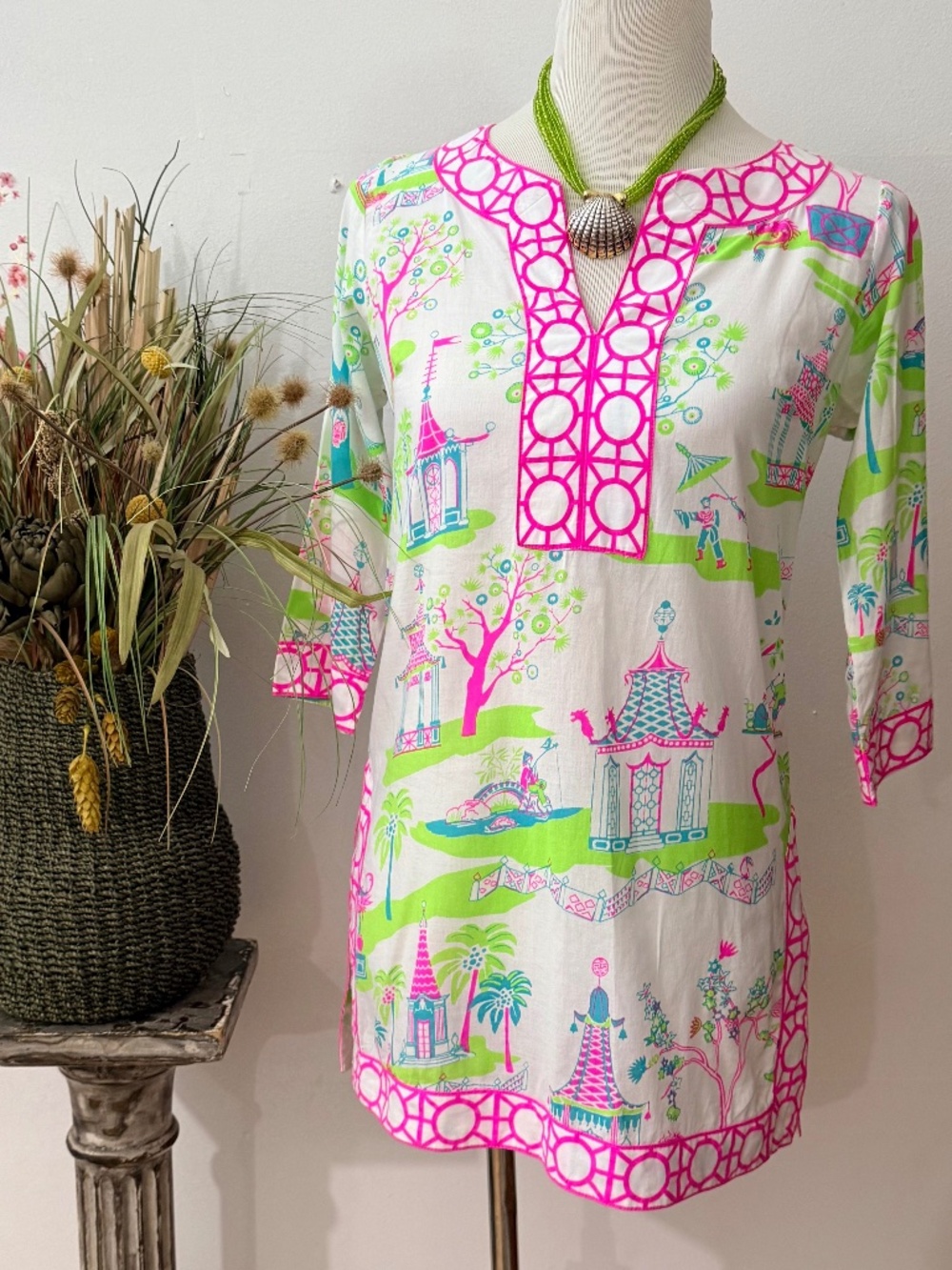 Unique Gretchen Scott Pink & Green Pagoda Tunic, All Cotton, XS Maximalism